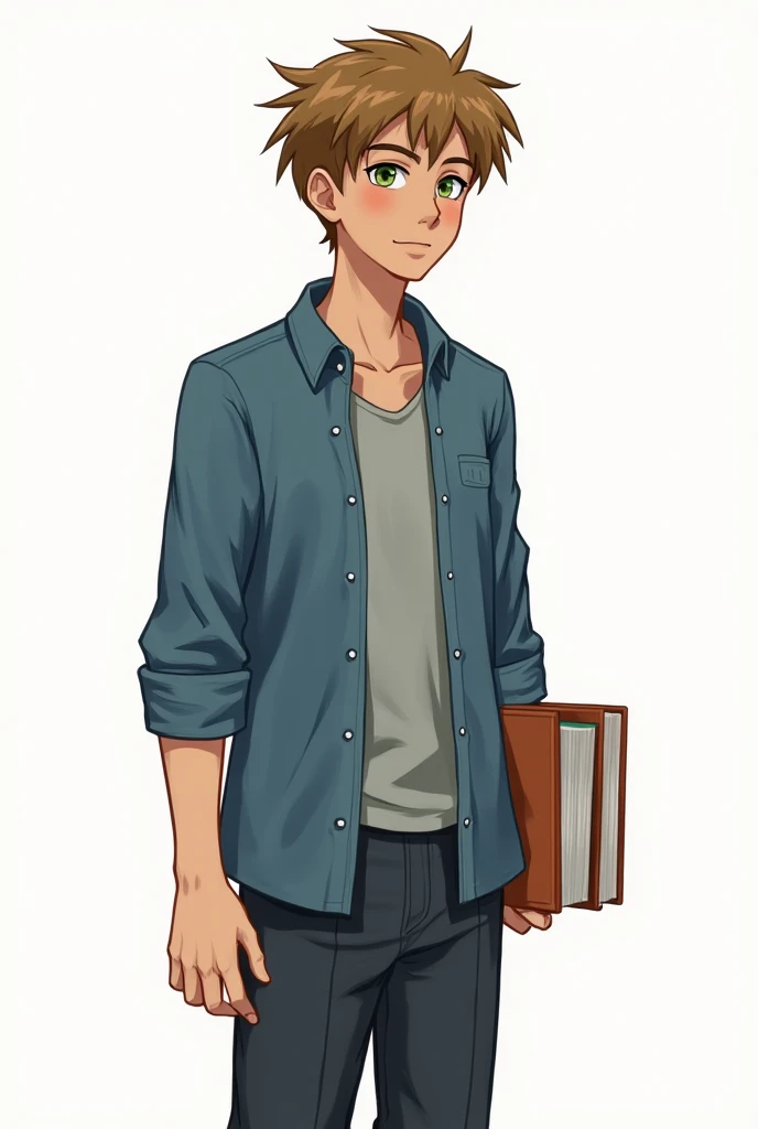 A highschool boy in the school library wearing a dress shirt loose tie and backpack, tall, athletic build, 19-years-old, strong jaw, wavy light brown hair in a fashionable cut, brown eyes, grey slacks, masterpiece, detailed face, friendly smile, (white, italian, american)