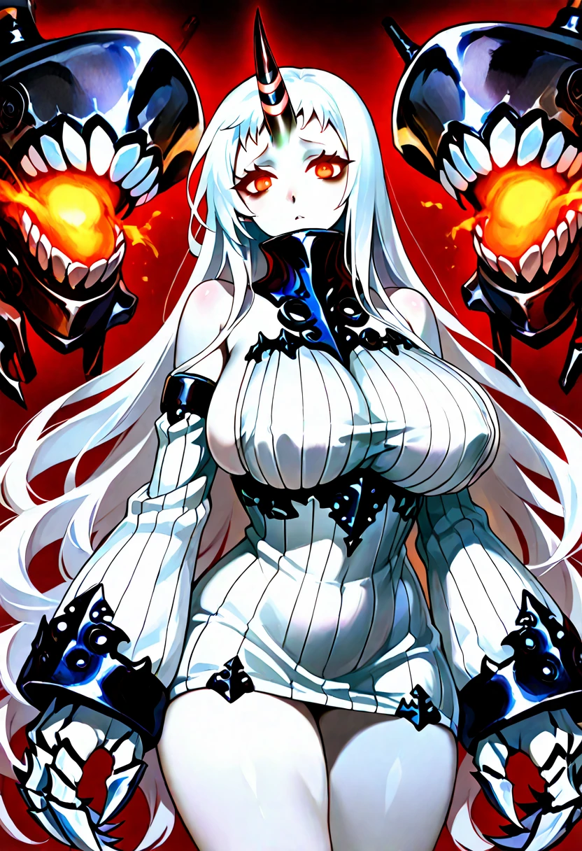 anime style, Adult woman with long loose white hair, perfect body with big breasts perfect faces her eyes are bright blue she has red lipstick white skin, She wears a black and white dress with shiny details in her two hands. She has blue fans with iron tips.. He is around many people in a large room.