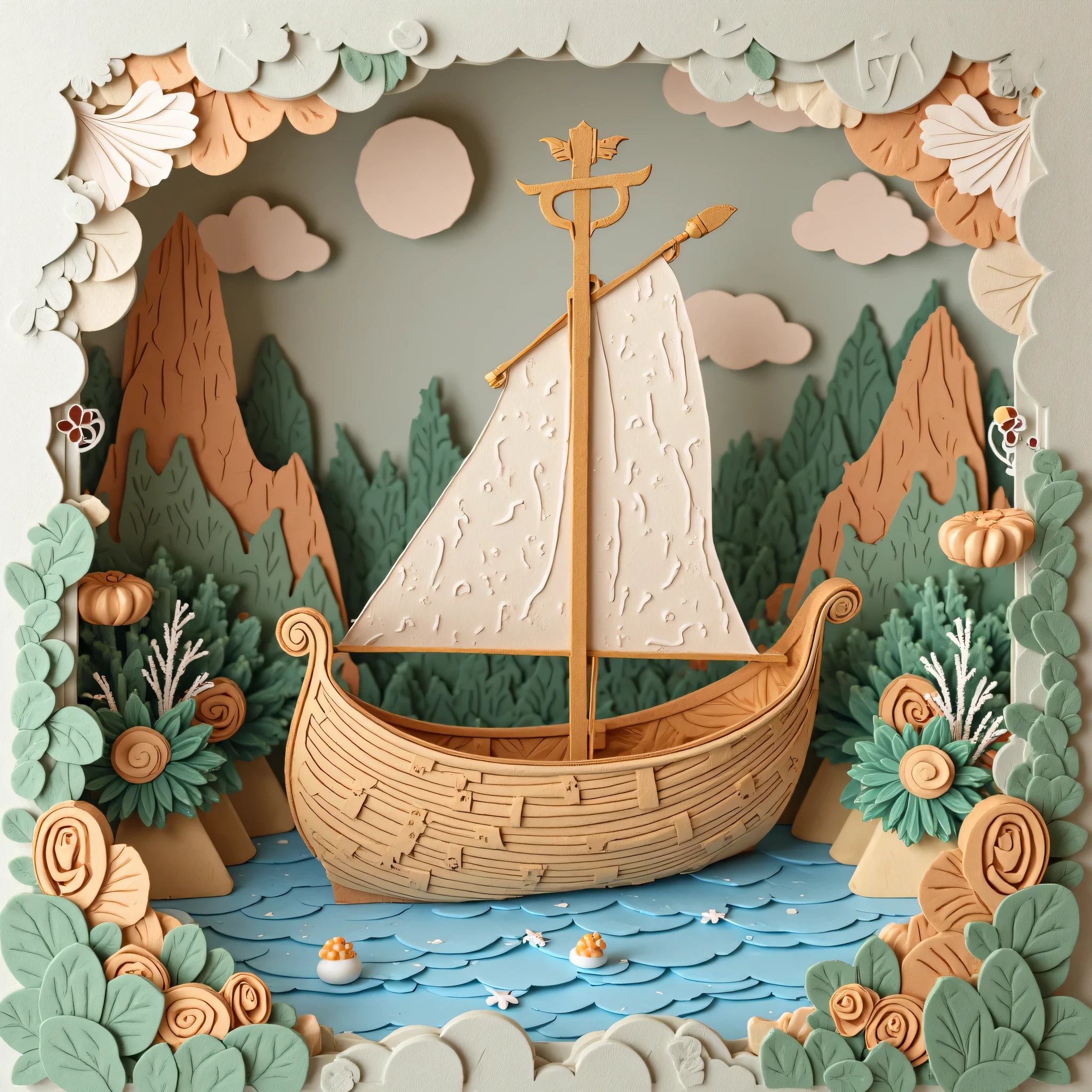 Create a 3D drawing, paper kraft,  in an enchanting and magical setting, Based on this, ajouter au centre un bateau
