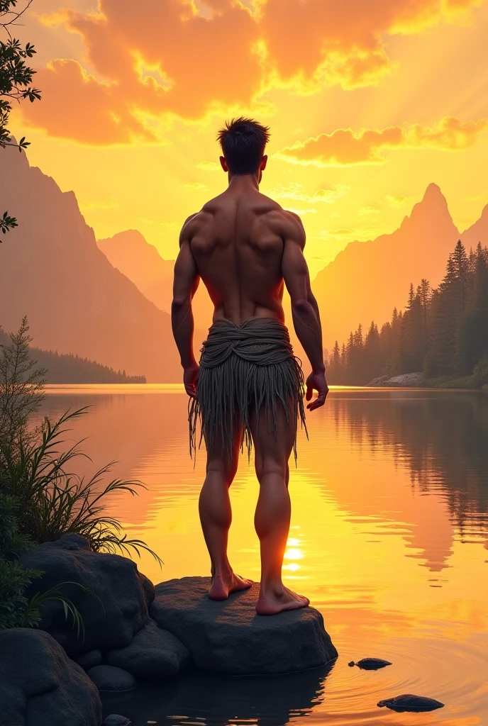 Dark evening River valley, twinkling stars ,a man shirtless with sexy body wounded by trident in the mountain peak