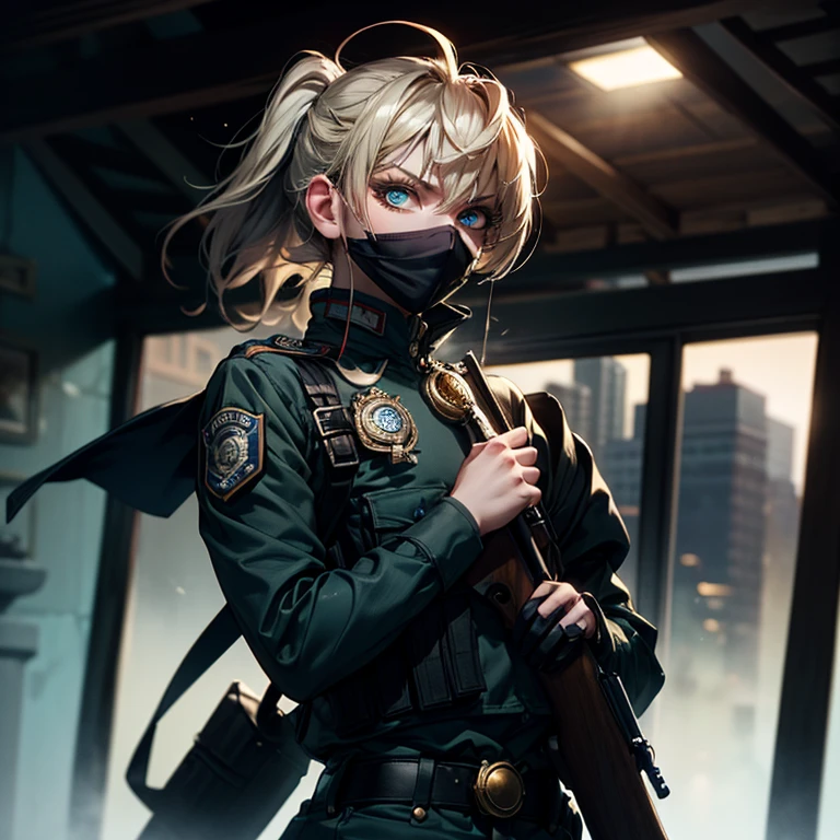 (masterpiece_portrait),(CG game_cg),(ligne_claire),Cyberpunk,brush,front_focus,eye_focus,feet_out_of_frame,looking_at_viewer,white_background,diagonal-striped_legwear,bunker,1other,soldier,giant,Pale_skin,Black_skin,pointed_face,absurdly_short_hair,yellow_hair,blunt bangs,sky_blue_eyes,glowing_pupils,dilated_pupils,no_nipples,flat_chest,short_hand,long_fingers,long_arm,standing,expression_face,reaching_out,outstretched_hand,Black_long_coat,Gray_military_uniform,Gray_racing_suit,Black_gas_mask,broken_mask,armored_boots