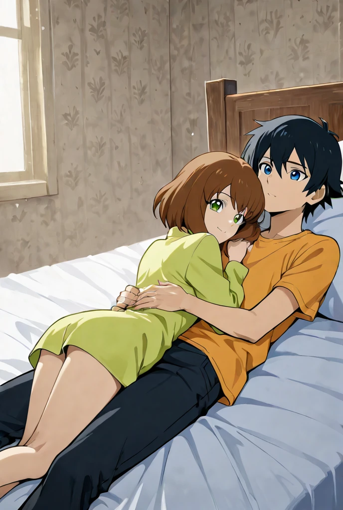 a man is lying on the bed, and a naked woman in panties is sitting on him, a is looking at this, who is standing in the doorway with a backpack and a teddy bear in her hands in anime style