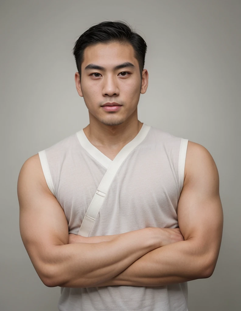Close up picture of a young muscular Asian Chinese badminton player man , smile,wearing only shorts with huge bulge, wearing no shirt, shirtless, cross arms, arms crossed pose, standing and looking into the camera with a serious expression on his face, a badminton racket, badminton shuttlecock, in a badminton court background,Masterpiece,8K
