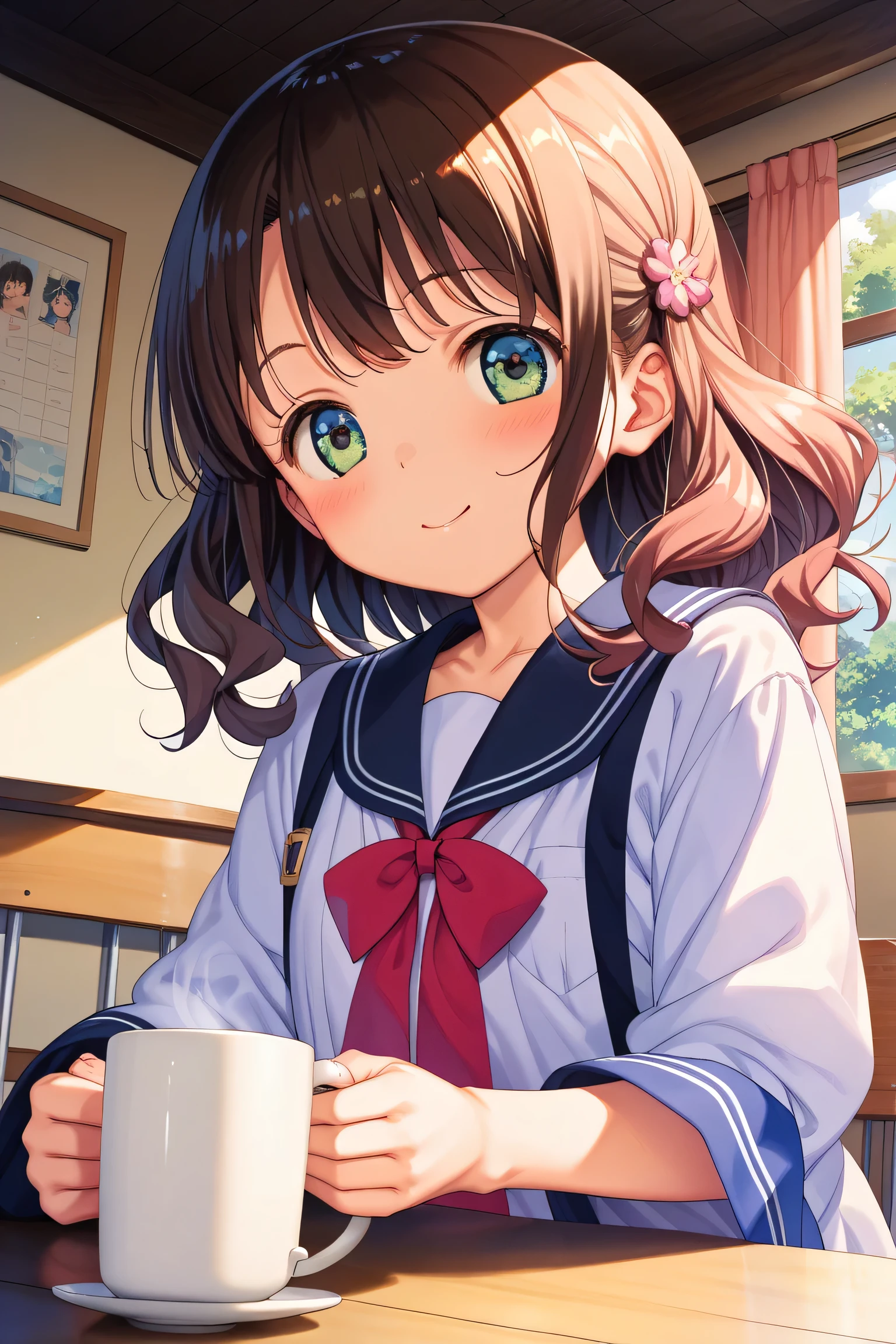    score_9, score_8_up, score_7_up, score_6_up, score_5_up, score_4_up, just describe what you want, tag1, tag2 ,1cute girl,ピンクの髪 ,ポニーテール,ピンクの瞳,頭に黒のリボン,桜並木,桜の花びらが舞う,椅子に座る,coffee time