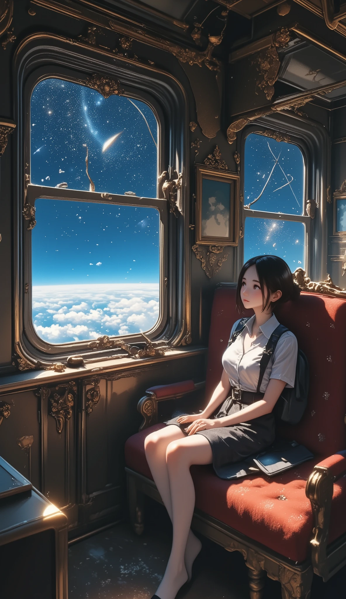 Galaxy Express 999, a masterpiece by Leiji Matsumoto, a passenger car pulled by a steam locomotive traveling through space, an interplanetary immigrant looking out the window in a passenger cabin