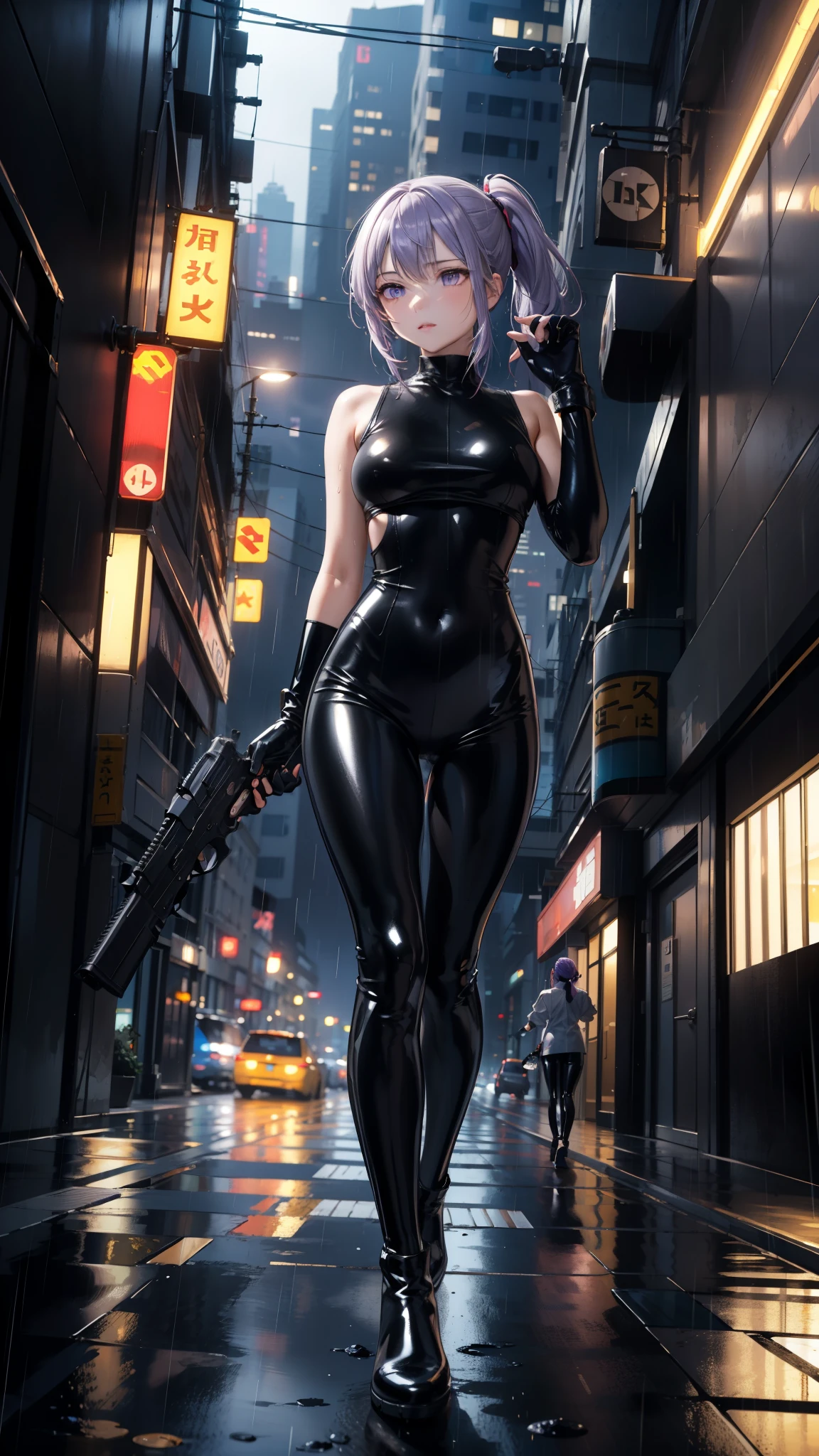 girl, short tight dress, blouse on naked body, you can see her breasts, bare chest, Chest visible, street background, Narrow passage between houses, night, rain, slender body, full length, Stiletto Shoes, bare chest