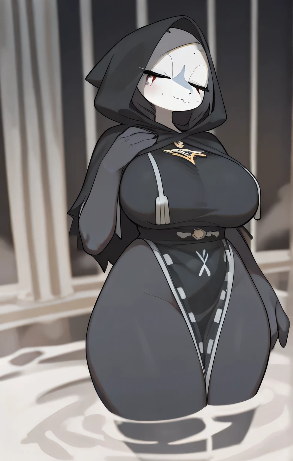 plague doctor, 1girl, solo, hood, mask, gloves, faceless, plague doctor mask, bandage, tabard, medieval, breasts, arms at sides, wide hips, exposed side thigh, embarrassed, heavy blush, blushing, thick thighs, large breasts, exposed lower body, covering body with arms, ripped clothes, facing viewer, tears, surprised, shocked, covering breasts with arm, shaking, shaking effect, surprised effect, line blush, text, sweating
