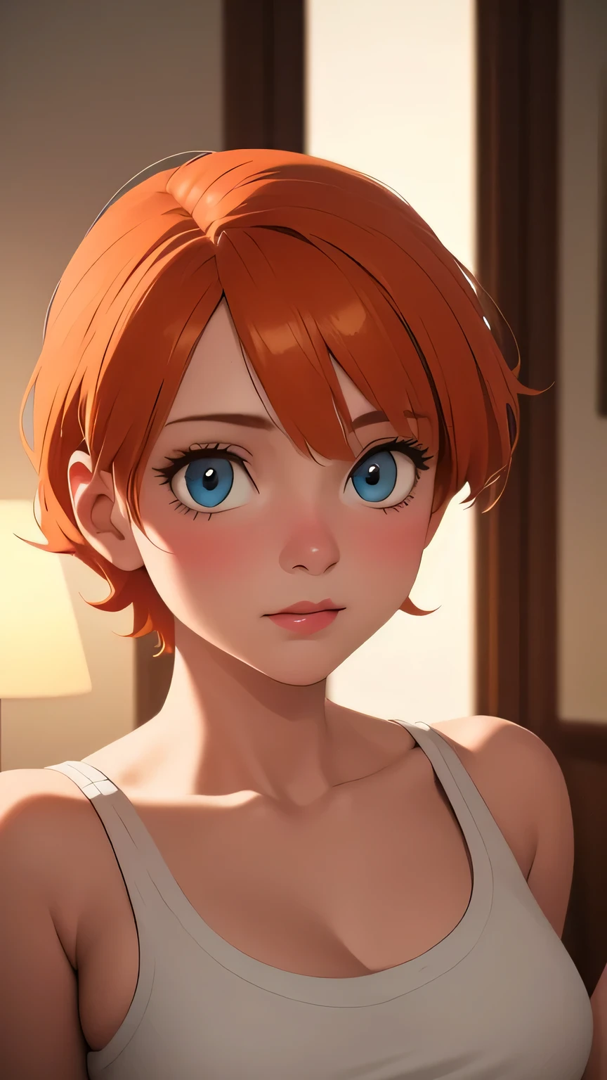 (masterpiece, best quality), 1girl, pkmnmisty, 1girl, horny, solo, blue eyes, orange hair, detailed facial features, sensual expression, seductive pose, bedroom environment, soft lighting, dreamy atmosphere, romantic, oil painting, high resolution, photorealistic, physically-based rendering, vibrant colors, warm palette
