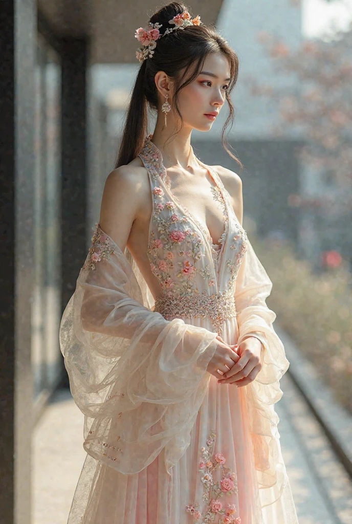 top-quality、​masterpiece、超A high resolution、(Photorealsitic:1.5)、Raw foto、1girl in、murky、deep-shadows、Unobtrusive、cold light、sexy appearance、shorth hair、((very_short_hair))、((Luxury evening dresses))、((Luxurious painting))、((Luxurious necklace))、((Floral hair ornament))、((hair_ornament))