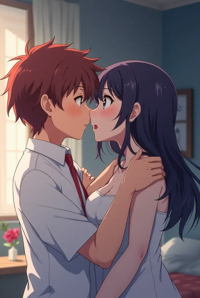 An anime boy had sex with a teacher in bed kissing with tongue 