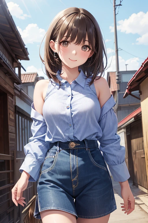 city, street, walk, Shoulder bag, ((blush:1.2)), 1 girl, (alone), hairpin, ((white shirt)), huge breasts, Naughty big breasts, ((long slender legs)), ((thin waist)), cowboy shot, thick thighs, beret, denim shorts, Beautiful woman, pretty face, Close your legs