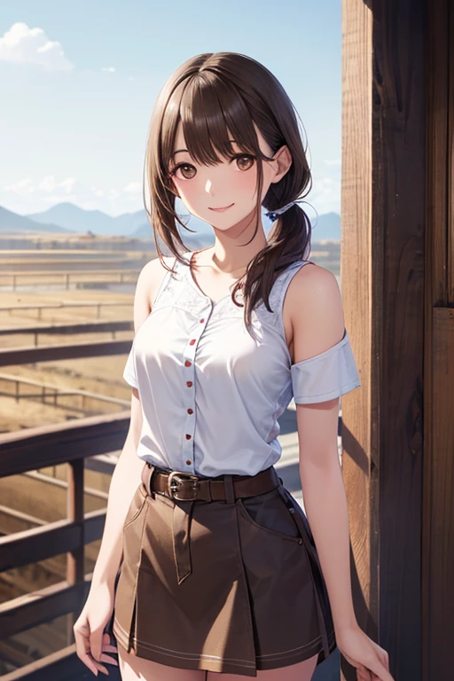 Beautiful cowgirl woman at the doors of a tavern in the wild west, feminine denim shirt, tight jeans, brown hair, light smile, social realism, cinematic lighting, afterimage, first person view, wide angle, masterpiece, anatomically correct , super detail, high quality, anime screenshot, the background is in the mountains of North America