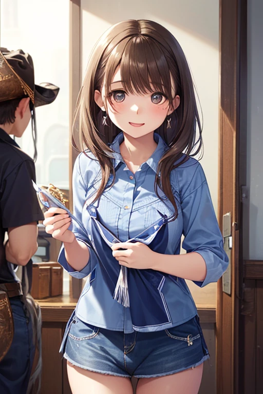 of the best quality、masterpiece、high sensitivity、high definition、mature women、skinny body、、squats，, 
、、,..
、Anegasaki Nene, shiny brown hair, beautiful brown eyes, smiling face, sparkling pupils, (fine grain), , highly detailed face,, (masterpiece:1.2, best quality), ((only1 girl)), (((cowboy shot:1.5))), 