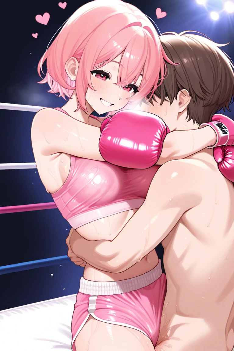(((masterpiece))),(((best quality))),(ultra-detailed,high resolution:1.2),(illustration),((an extremely delicate and beautiful)),(detailed background),  ((standing)), ((face to face, hug, sex)), toes, vaginal penis, (((wrestling ring)))), ((1shota boy)and(1petit girl)),hetero, (1shota boy,short stature:1.4), ((((shota boy is 8 years old)))), dark-skinned shota boy,interracial, small penis, undercut, (((he has hair)))), he looks smug,((((1petit girl,short stature)))), girl is 10 years old, (slender body:1.4),  (medium hair, side-ponytail),straight hair, dark red hair,dark red eyes,((((flat chest)))), covered navel, collarbone, pale skin,shiny skin, ((She wears dark red competition swimsuit)), (ahegao,rolling eyes:1.4), (trembling), (cum on clothes:1.4),cum on body,excessive cum,cum facial,bukkake,cum on hair,cum in pussy, clothing aside, clothed, text,