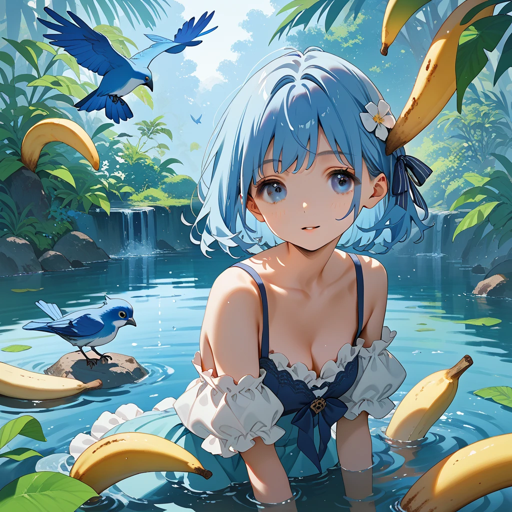 quadratic element，white color hair，duck sitting，Cute bikini beautiful girl