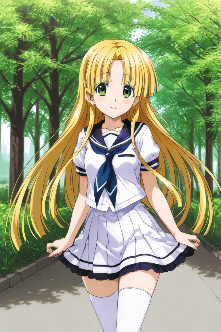 Asia　Beautiful long blonde hair　green eyes　high school girl　mini skirt　white panties　shyness　Squat with your legs apart