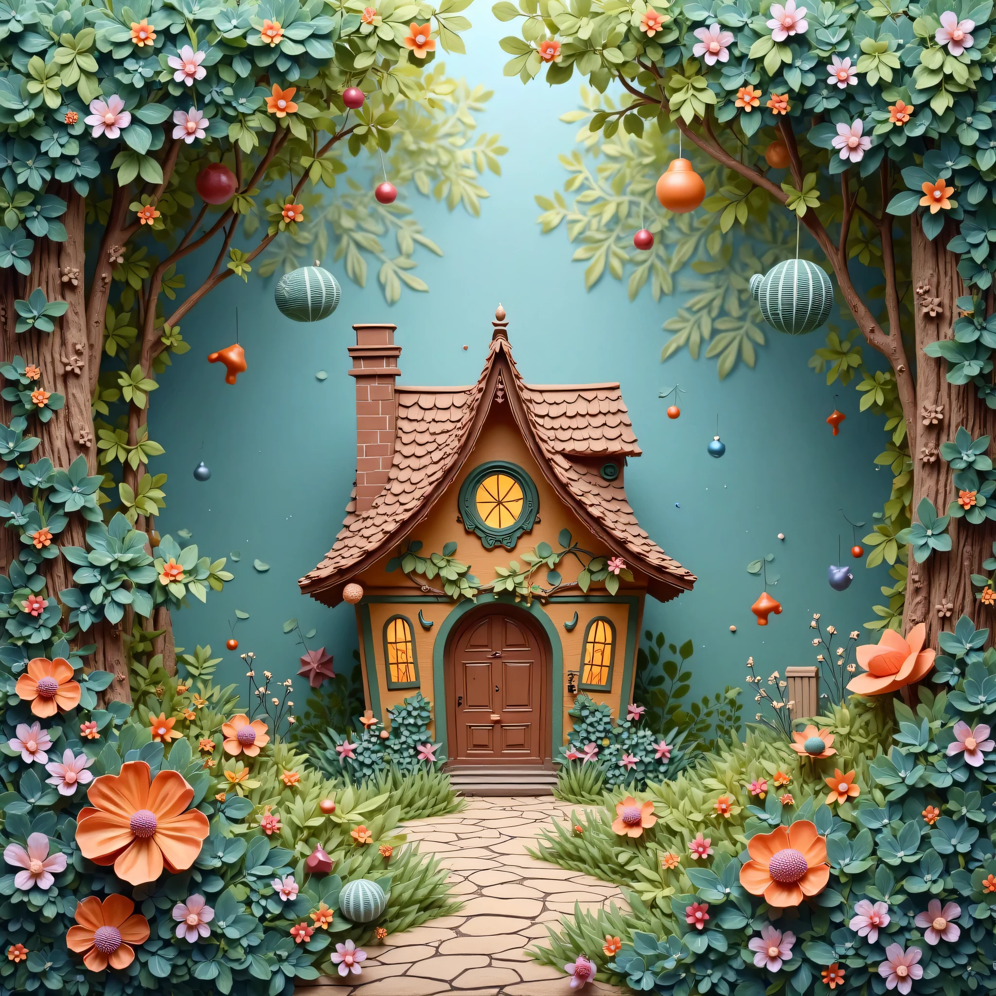 Create a 3D drawing, paper kraft,  in an enchanting and magical setting, Based on this, Add a house in the center
