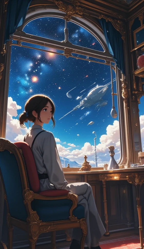 Galaxy Express 999, a masterpiece by Leiji Matsumoto, a passenger car pulled by a steam locomotive traveling through space, an interplanetary immigrant looking out the window in a passenger cabin