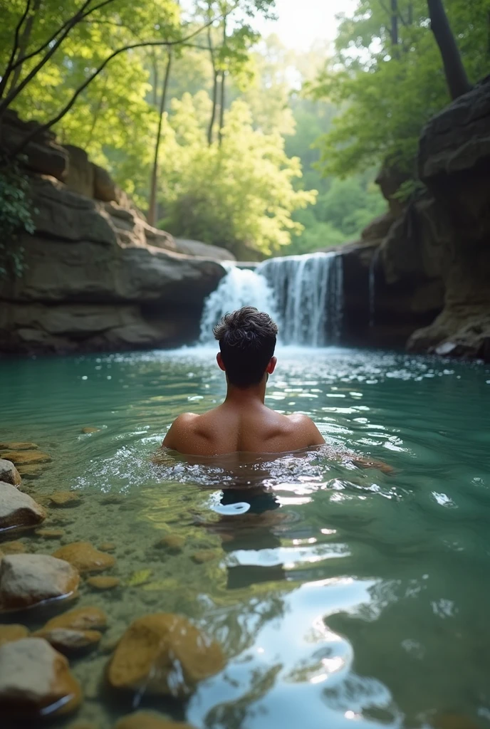 Help me draw a man bathing under a waterfall without panties。