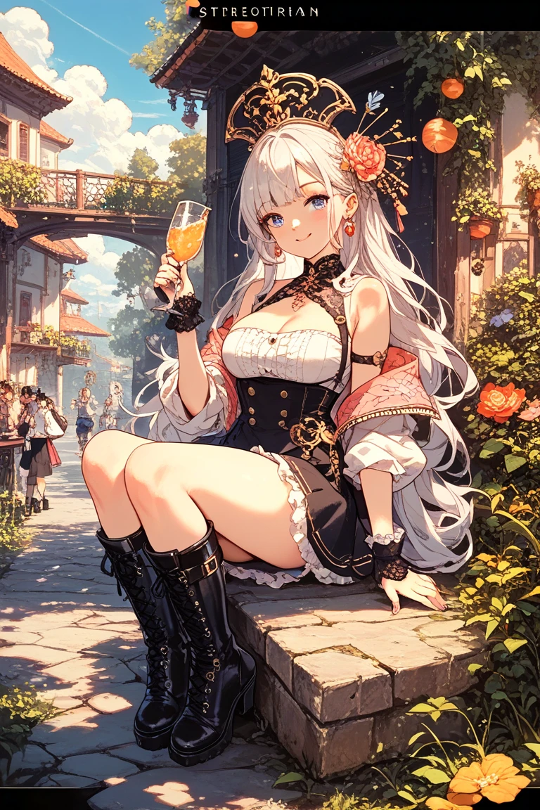 Woman in a white dress with gold details, long silver hair, red bangs, yellow eyes, horns, in the garden of a castle, autumn weather, big breasts, smiling.
