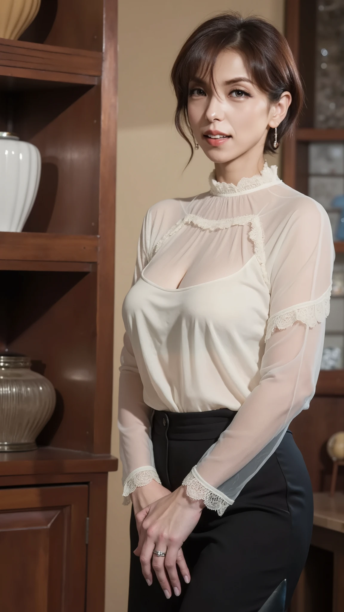 Office female staff,(Brown hair ), (((Big tit图 dodue)), ((Full breasts)), (hailed description), (Detailed facial description), (Detailed description in the text), Clear and transparent skin, Peerless beauty, Long legs,(sticky),Suspenders,((Collared shirt)),(Glasses),Lace underwear,(red lips),(Charming smile)