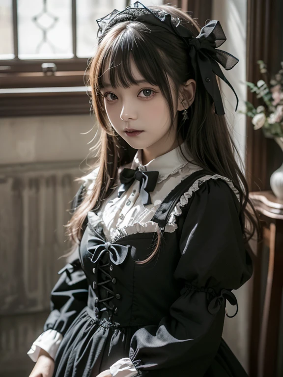 Perfect Anatomy、highest quality、Masseter muscle area、Ultra-detailed、8k、Accurate depiction of the human body、Full body angle、Delicately painted face、Pretty Faced Woman、Gothic Lolita Fashion、Black Gothic Lolita Fashion、Black and white outfit、Big red hair ornament、Red ribbon hair ornament、Big red hair ornament、Are standing、(((Blurred Background:1.5、Photo Studio、Gray background:1.5、Gray background、Gray background、Gray background、Gray background、Cinema Lighting、Professional Photographer)))