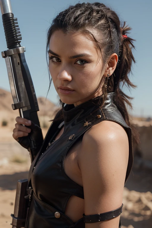 (full height:1.3), a beautiful (ohwx woman:1.1) withAs Furiosa from Mad Max Fury Road, donning her black leather outfit with a mechanical arm, her face covered in grease as a warpaint, her eyes fierce and determined. She drives her war rig through the harsh desert wasteland, her iron will and unwavering resolve to save the Five Wives and find redemption fueling her onward., inspired by Krenz Cushart, neoism, kawacy, wlop, gits anime,An asymmetrical bob., <lora:daisy_lora_sdxl_v1:1>