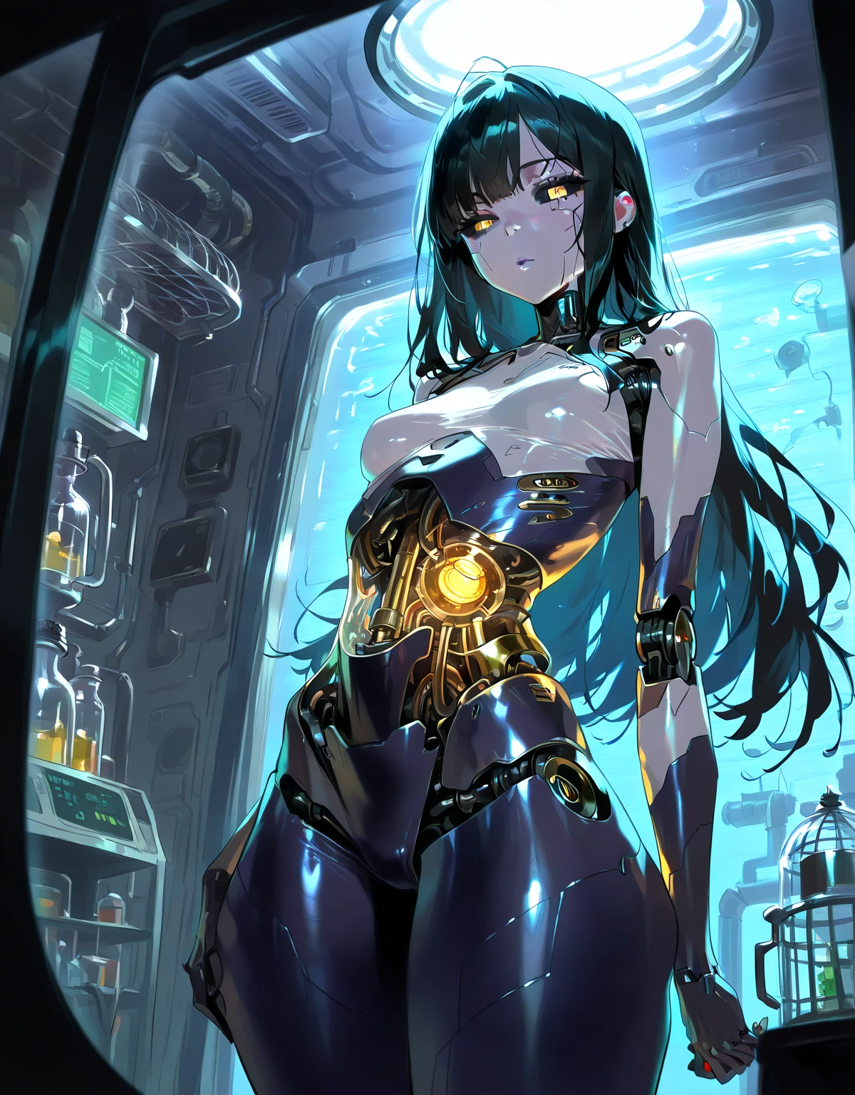 (Exquisite, heart-shaped glasses: 1.5), (Impeccable reflection: 1.3), (Female figure: 1.4), (Long, black hair: 1.3), (Blue, captivating eyes: 1.2), (Subtle, glinting reflection: 1.2), (Luminescent, glass material: 1.2), (High-definition: 1.3), (Realistic representation: 1.2), (Cartoonish: 0.9), (Anime-inspired: 0.8), (Nostalgic: 0.6)
A stunning woman with