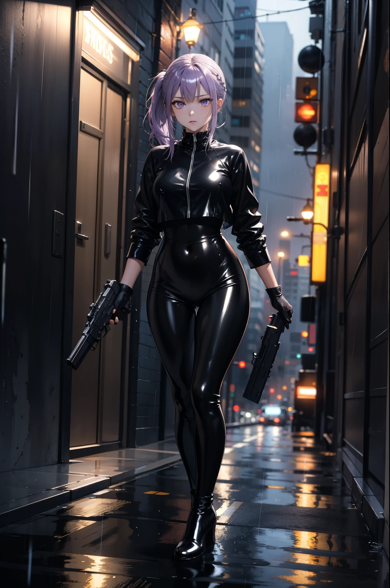 (masterpiece, center, Detailed), a chic, Alone, walking, (Holds a gun with his hand), ojos Detaileds, purple eyes shirt, Lavender hair short ponytail, Love, Medium breasts, ((black latex bodysuit)), (black gloves, ((shiny black leggings)), black boots, al aire libre, city, cyberpunk, (rain), night, city lights, Neon lights, dark alley