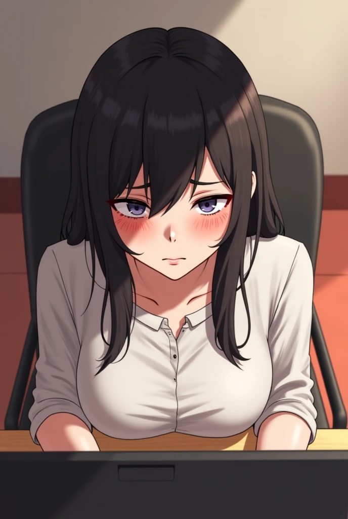 Anime girl with long black hair sitting in front of the TV, (sfv) safe to work, Naughty expression, frustrated detailed, in front of a computer, Bored expression, squinting, cel - shaded art style, thicc, She has black hair, ecchi anime style, In anime style, in an anime style, cel shaded anime, Frustrated expression