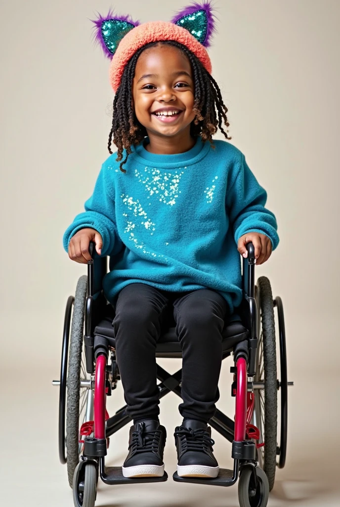 "A 22-year-old, cute woman with a disability, sitting in a wheelchair in a beautiful natural setting. She has a bright, cheerful smile, with expressive eyes and long, flowing hair. She is wearing a black shirt and black pants, which complement her youthful and vibrant personality. The setting is outdoors in nature, surrounded by green trees, colorful flowers, and a clear blue sky, creating a peaceful and refreshing atmosphere."
