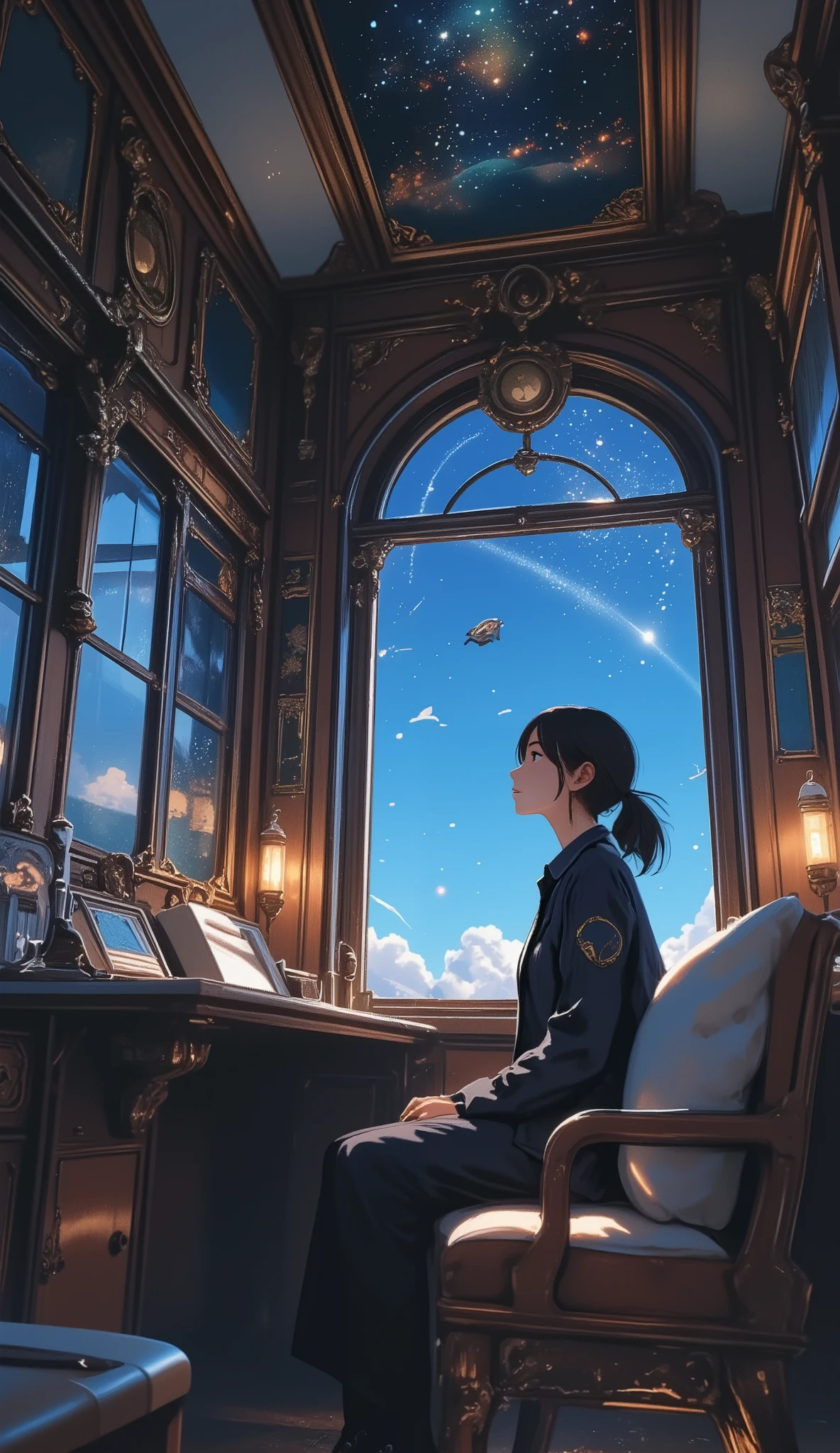 Galaxy Express 999, a masterpiece by Leiji Matsumoto, a passenger car pulled by a steam locomotive traveling through space, an interplanetary immigrant looking out the window in a passenger cabin