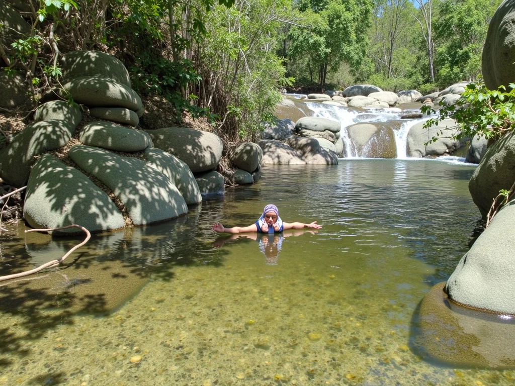 Uma garota caindo de uma cachoeira