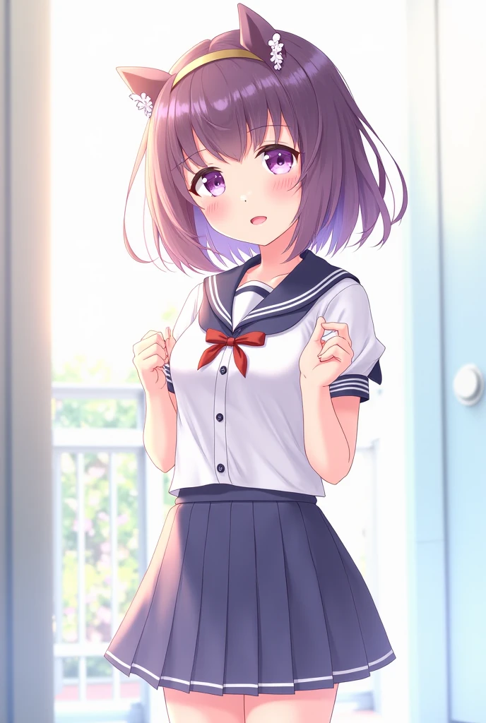 (High quality), (masterpiece), (very detailed), girl, (flat chest:1.6), short brown hair, purple eyes, shy face, primary school girl, white blouse, black skirt with pleats, (chibi:0.6), showing her thighs, on the school yard, sunny, detailed fingers, school girl, sailor uniform, confessing his love