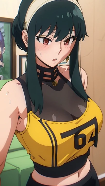 ((close、16k、highest quality、High detail、Rich skin detail, nsfw, Huge breasts、low length)), Sweat, ((Browsing Caution、Swollen nipples、Lift up your shirt、Black Tank Top、Green Cargo Pants))、((Both armpits、Hands behind head))、dark red hair、Yellow Eyes、(((Short bangs、Blunt bangs、Long ponytail))), ((blush))、(Wide Hips)、((((Embarrassing))))、((Dark concrete hangar))