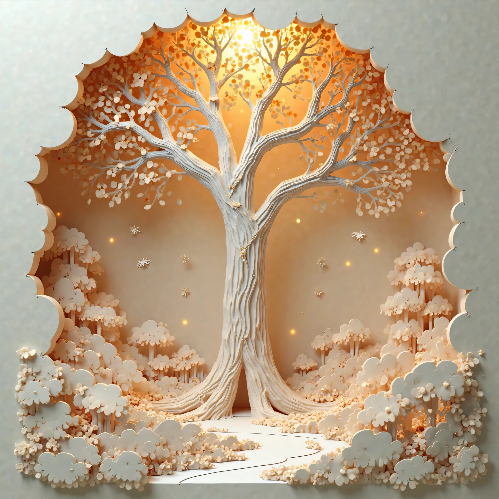 Create a 3D drawing, paper kraft,  in a fantasy setting, enchanting and magical, Based on this, add a tree 