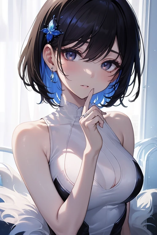 Anime Waifu beautiful detailed eyes, beautiful detailed lips, extremely detailed eyes and face, longeyelashes, 1girl, sensual, young woman, medium breasts, beautiful feminine face, nice thighs, slim, sexy, erotic, beautiful clothes, perfect body, cinematic lighting and framing, (best quality,4k,8k,highres,masterpiece:1.2),ultra-detailed,digital painting,portrait,glamorous,highly detailed,soft lighting,warm color tones Ilustrações de alta qualidade。 Angle from behind、Black bob hair、hairpin、high school girl、color々Position、Grin、Smiling and drooling、Large Breasts、Soft Breasty chest is shaking、shake、shake、、Browsing Caution、