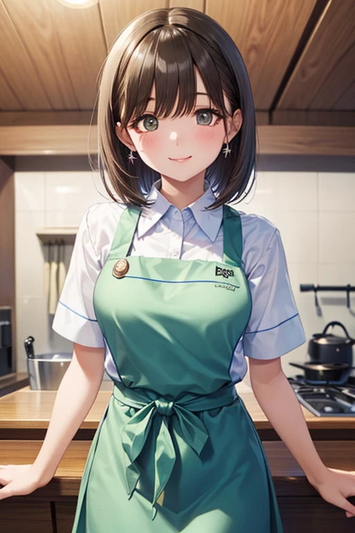 

 smile,  mouth,(pastel green tie   ),(  Short-sleeved White Shirt  ), (A pastel green apron from the waist down), ( was draped over a pastel green high-waisted skirt), restaurant background,,  short bob,  black hair,kitchen、Hotels，, 
、、,..
、Anegasaki Nene, shiny brown hair, beautiful brown eyes, smiling face, sparkling pupils, (fine grain), , highly detailed face,, (masterpiece:1.2, best quality), ((only1 girl)), (((cowboy shot:1.5))), 