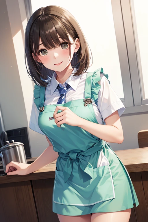 smile, mouth,(pastel green tie ),( Short-sleeved White Shirt ), (A pastel green apron from the waist down), ( was draped over a pastel green high-waisted skirt), restaurant background,, short bob, black hair,kitchen、Hotels,,
、、,..
、Anegasaki Nene, shiny brown hair, beautiful brown eyes, smiling face, sparkling pupils, (fine grain), , highly detailed face,, (masterpiece:1.2, best quality), ((only1 girl)), (((cowboy shot:1.5))),