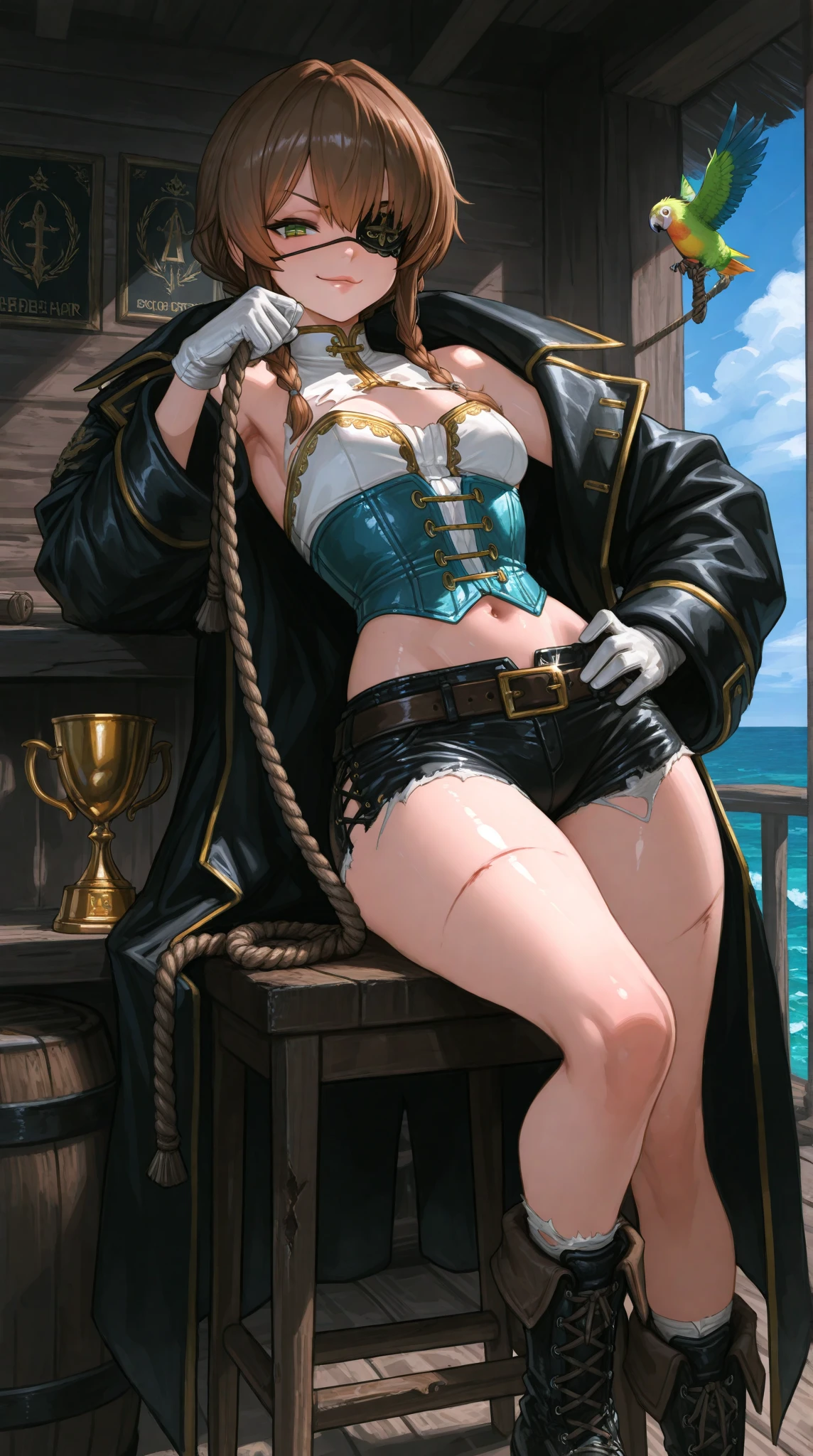 (masterpiece, best quality, intricate details, ultra details, ultra quality, highres, best shadow, best illumination, 4k)Penthesilea, short hair, small breasts, flat chested, yellow eyes, white bra, underboob, body shot, angry, long black gloves, black tiny hotpants, purple knee-socks, ((muscular:1)), six-pack, beach background, warm lighting, (colorful:1.1)