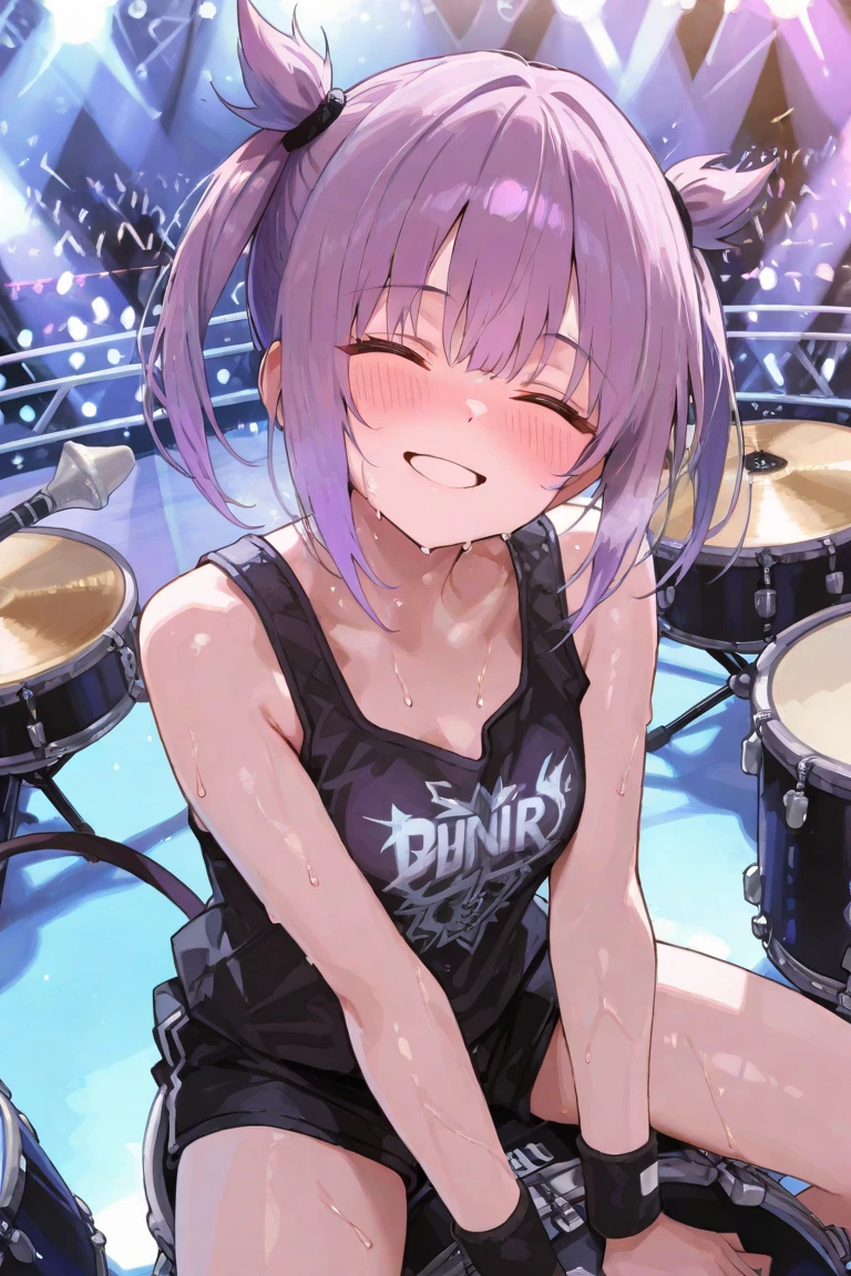 cheerleader, giving blowjob, bun hair style , with black tiny demon horns, wearing necklace,