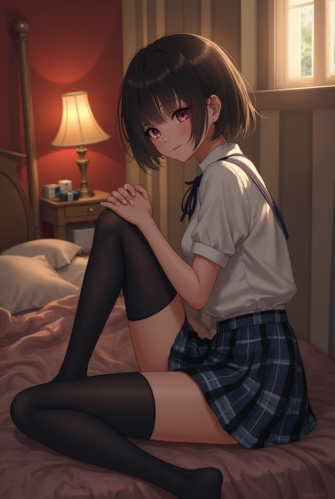 absurdres, RAW photo, extremely delicate and beautiful, masterpiece, Best Quality, ultra high resolution, 32k, hyperrealistic, ultra-detailed, ((perfect anatomy)), super Detailed skin, perfect figure, Very detailed CG 8k wallpaper, in her 20s, very small head, very small face, delicate facial features, tearful mole, earring, ((very huge round breasts)), full body shot, shorter middle hair, wavy hair, ((school uniform)), bedroom,