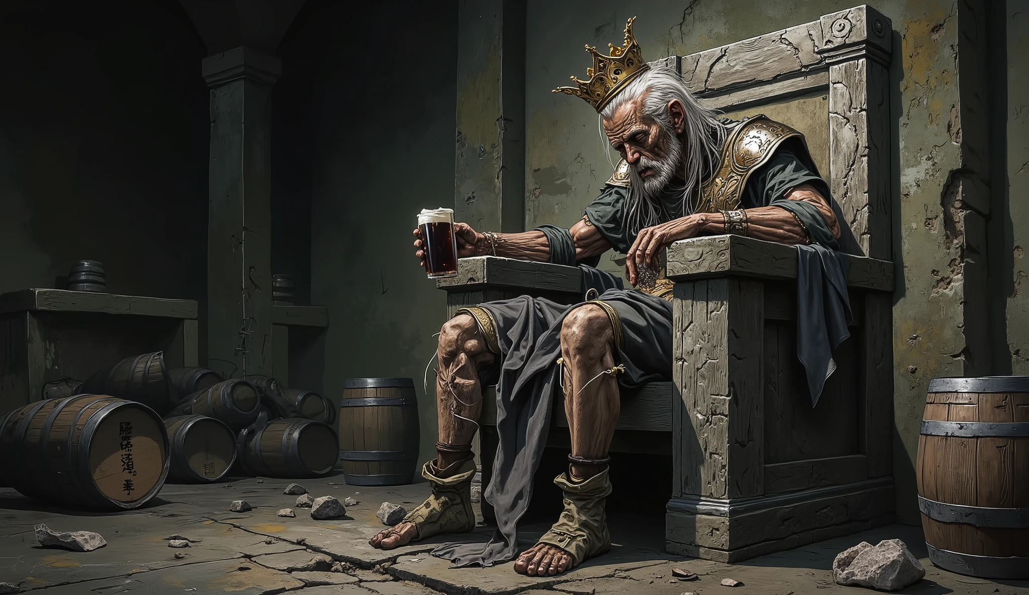 a very old undead king is sitting on his stone throne. The king has long thin hair and a thin beard. the king has his head down and what little is visible of his expression is tired. Your posture is also tired. in one of his hands he holds a mug of black beer. Are your clothes old, torn and ripped. His little crown is old and spent, sem brilho. the room in which it is located is very old and old, as if it were untouched centuries ago. The place has several broken and scattered wooden barrels. The environment is dark .