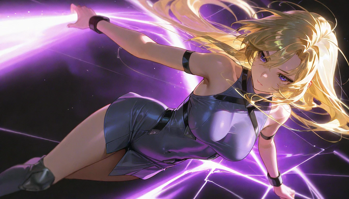 Mystical charming wizard white athletic woman(((backside bakcview))).Blonde,blue eyes,purple luxury short bikini(two pieces).Dynamic posture.Surrounded of lighting sacred geometry in an astral world background,natural claroscuro light,amazing portrait,8k,UHD