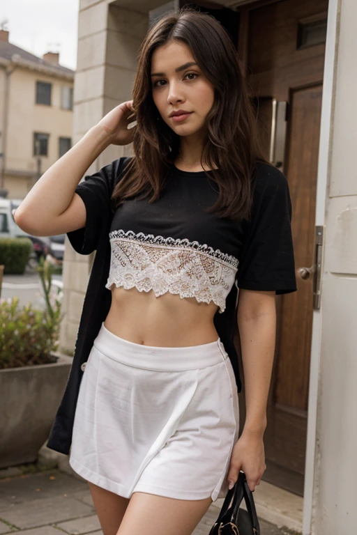 jenna_ortega wearing lacy crop top, long hair,
upper body, solid wall background,