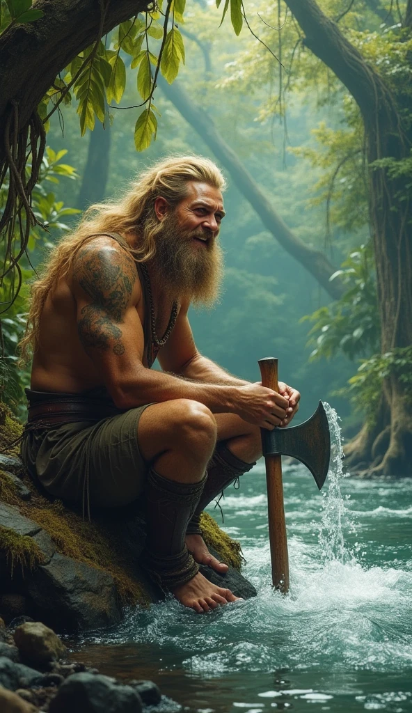 (best quality), masterpiece, ultra-detailed, old guy, beard, muscular physique,full body portrait,blonde hair, intense blue eyes, stream, forest, hairly chest, loincloth 
