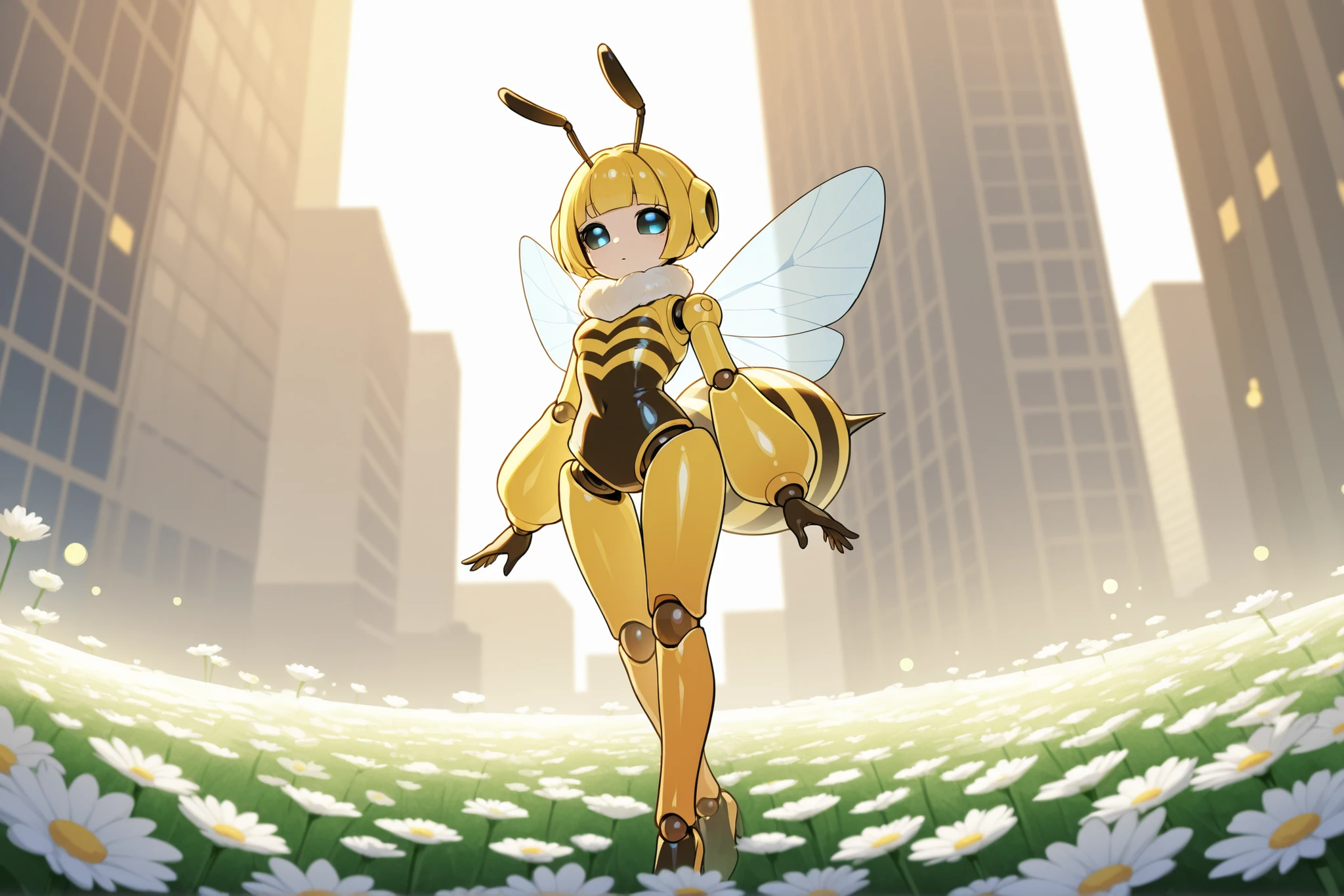 Sexy female drone, bee themed bodysuit, latex, bee wings, red compound goggles, high heels, masked face, exposed mouth