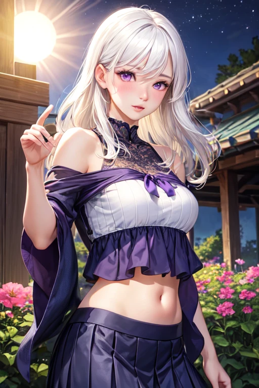 (masutepiece, of the highest quality, Best Quality, Official art, Beautiful and aesthetic:1.2), Extremely detailed,(Colorful:1.1),highest details, one arafed woman with braids white hair and pink tips and purple eyes, big breast, sfw, white crop top and leather mini skirt, night, big blue moon, japanese temple