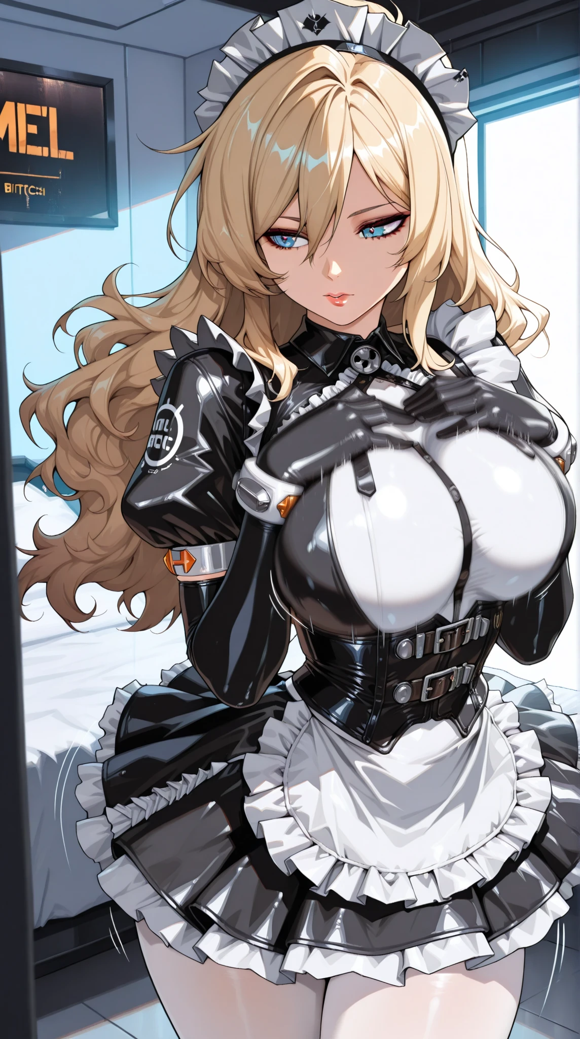 tall、Rosalina、Blonde、 adult、Married Woman、Shiny latex police uniform、Officer hat、邪evilな警官、Pink and black background, evil, lure, excited, A condescending grin, Lightly open your mouth、Sexy pose