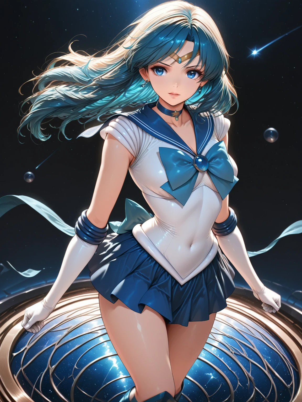 sailor moon　Sailor Neptune　Water Magic Circle　Water surrounds the body like a whirlpool　moon in background　hair on shoulders　There is no hair ornament on the head　The hairstyle is short hair　Slightly curly hair